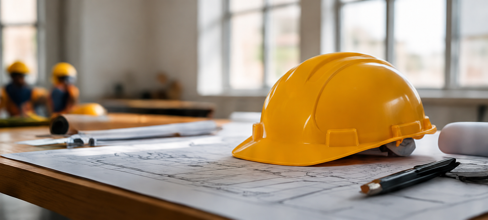 SVT Builders safety helmet on architectural blueprints